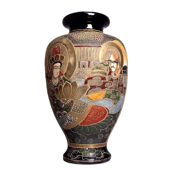 日本古美術/薩摩燒古花瓶金襴手細工人物紋，琉璃釉，飾金開片(明治時代