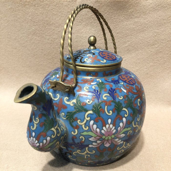 小小的】～ 清末老件～ 景泰藍銅胎掐絲琺瑯福壽紋茶壺late qing