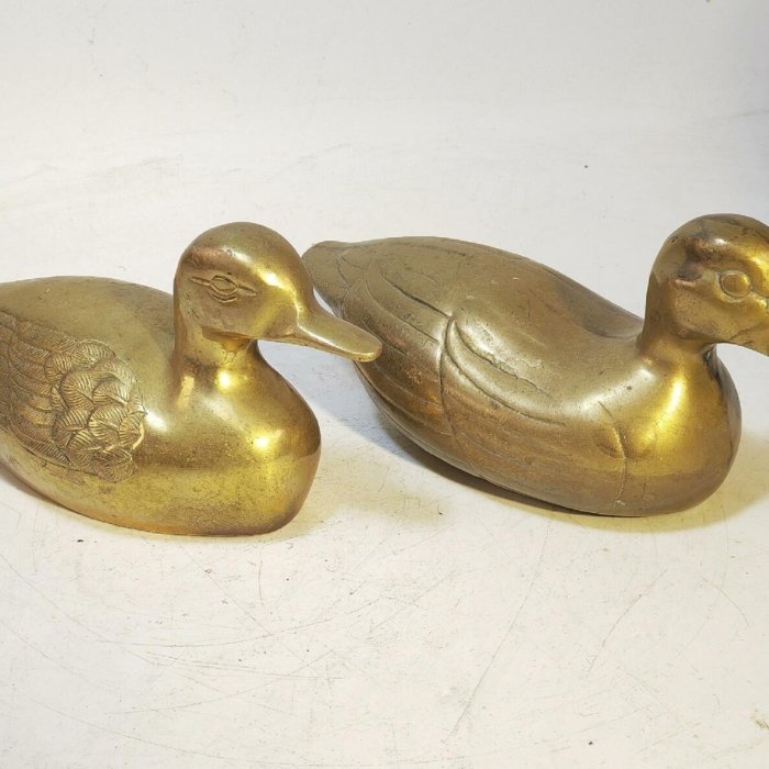 金工 秀山作 鋳銅 家鴨 アヒル 置物 一對 重さ合計約3.2㎏ G R7513
