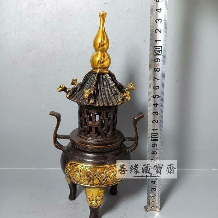 中国　玉石彫刻　雙耳活環　龍鈕蓋爐　塔香炉　唐木台付　7654C Pure copper incense burner with lid 纯铜香炉带盖平底三足小香炉家用 彫刻・オブジェ