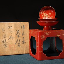 3/19結標日本漆器松竹梅金蒔繪三ツ組祝盃附盃台共箱CEC0503 -漆碗漆盤