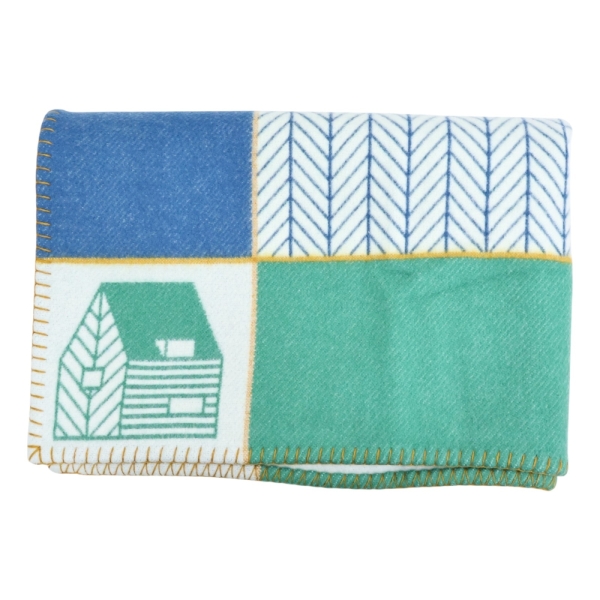 HERMES 愛馬仕 Avalon Les Cabanes Blanket 毛毯 藍/白/綠色 羊毛 【二手名牌BRAND OFF】