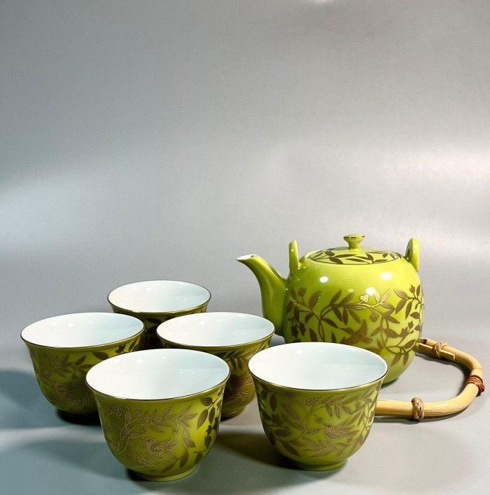 嚴選日本平安時期進口橘吉金彩萌蔥高端茶具，一壺五杯組提梁壺金彩黃地
