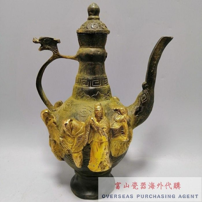 銅器 八仙過海鎏金壺 茶壺 酒壺 茶道具 煎茶器 装飾品 工芸品 置物 復古精雕鎏金八仙壺茶壺酒壺水壺擺件精工銅器收藏家居裝飾送禮首選