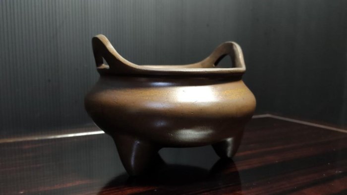 銅爐老件-沖天耳老銅爐/清中期乾隆年製#03（古董/收藏/銅爐/香爐