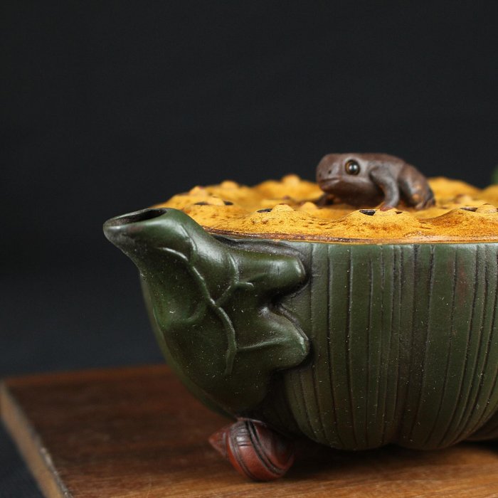 桑園の】藏讓~原礦綠泥純手工大師蔣蓉款大型青蛙蓮子壺紫砂壺泡
