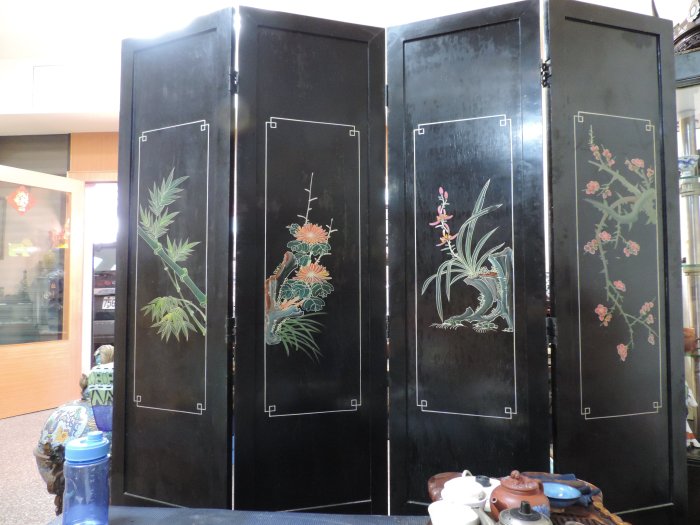 禎安丹雜藝~早期玉石美人圖漆器四連屏風鑲玉嵌寶梅蘭菊竹四君子繪畫