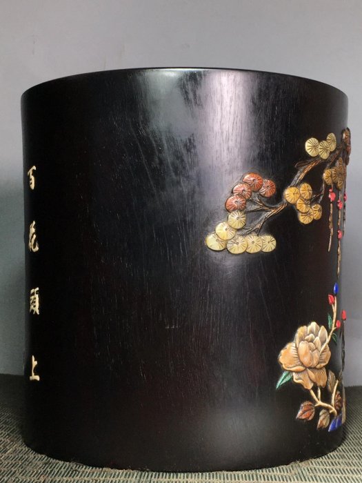 小葉紫檀木鑲多寶筆筒滿金星牛毛紋清晰高19厘米寬18.5厘米【十大雜項