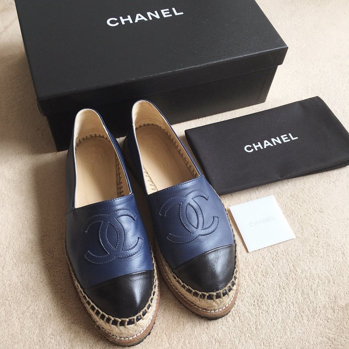 CHANEL真品 香奈兒 全真皮厚底 CC LOGO 深藍/黑 鉛筆鞋 草編鞋 漁夫鞋36 附件齊全