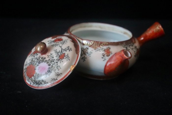 明治九谷壺推薦日本製赤繪墨彩茶具手繪藝術110cc 直徑6cm 茶壺壺承中古 