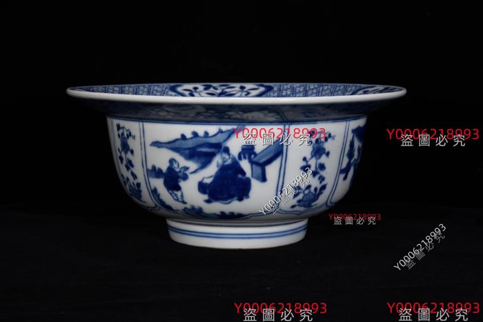 清康熙年青花人物紋折沿碗8.5*20m 舊藏古董古玩【豫園古玩】-2098