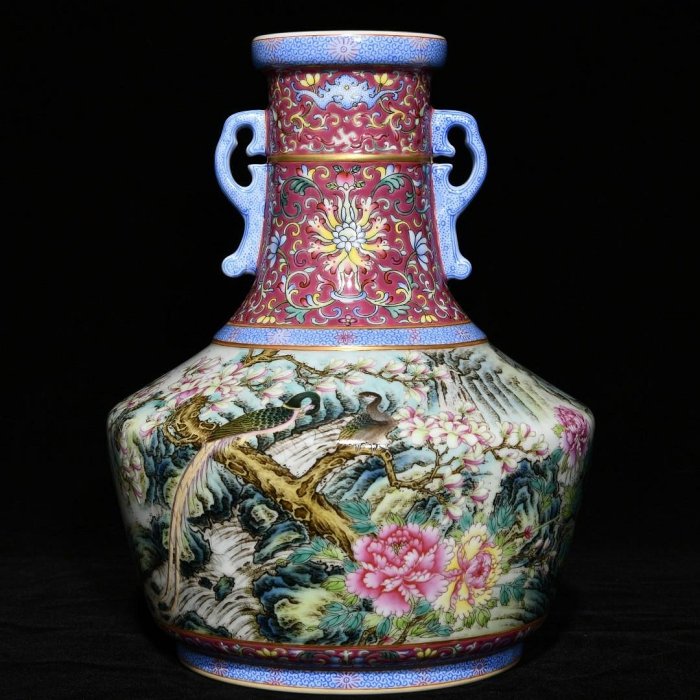可議價清乾隆粉彩花鳥紋雙耳瓶，高26cm直徑20cm，編號3817634官窯、民