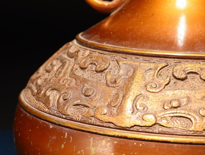 3/25結標高岡銅器鑄銅饕餮文賞瓶BDC0760 -花道侘寂插花花藝花學花瓶