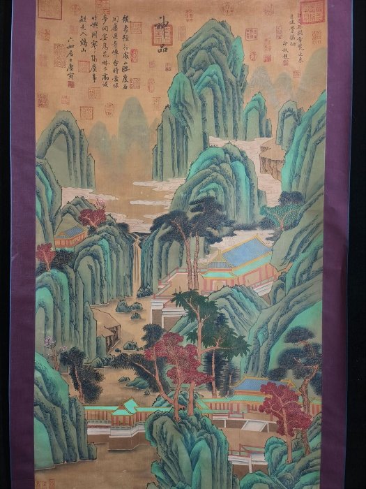 DX44《唐寅山水》六尺絹布手繪材質：老絹，雙軸老瓷頭裝裱尺寸：270cm