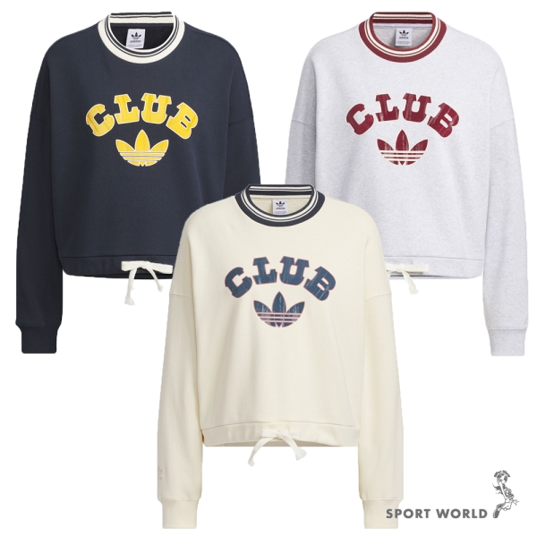 【下殺】Adidas 長袖上衣 女裝 短版 落肩 學院風 深藍/灰/米【運動世界】JD6374/JD6376/JD6375