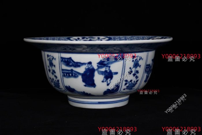 清康熙時代 青花博古紋対碗 古染付茶圆一対 【玩玉】青花堂名款 (F-180) 清康熙年青花人物紋折沿碗8.5*20m 舊藏古董古玩【豫園古玩】-2098