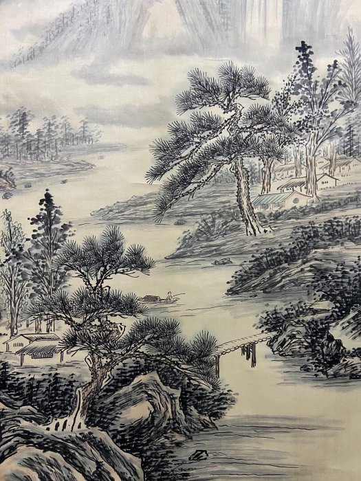 東方白（翠谷老人）中國臺灣畫家大幅山水中堂《錦江獨釣圖》國畫書法古