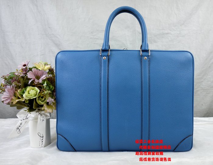 優買二手精品名牌店 LV M56000 土耳其 馬卡龍 藍 綠 荔枝皮 拉鍊 手提包 總裁包 公事包 電腦包 銀釦 美品