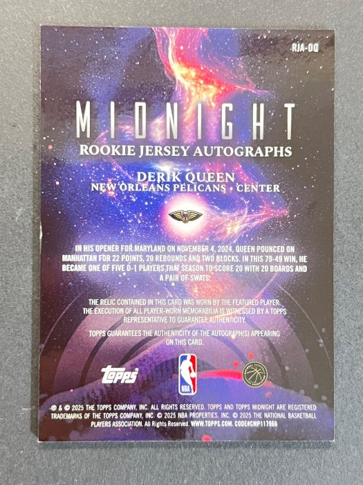 Derik Queen RPA 卡面簽AUTO TOPPS MIDNIGHT 2025-26 新人RC 246 