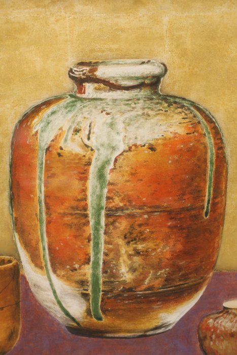 油彩静物画 4/30結標東京名家岩田光壺巨幅金框手繪膠彩茶盞古甕靜物XEA0553 -油畫