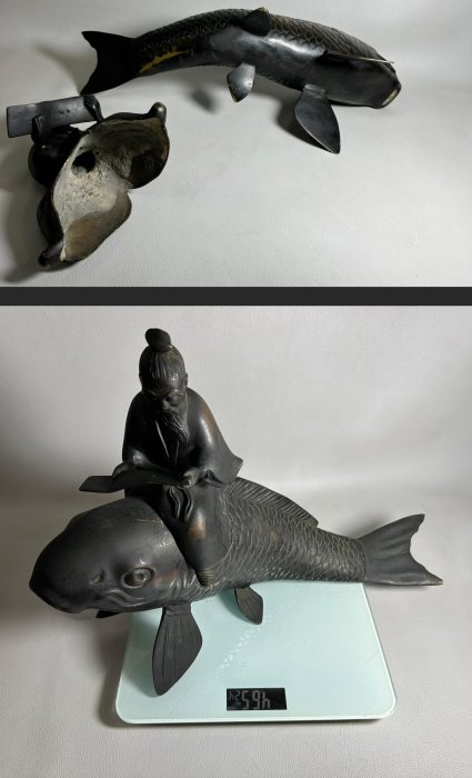 古玩輕鬆拍】古日本金工時代物古美術琴高仙人乘鯉大型香薰/銅香爐鯉に