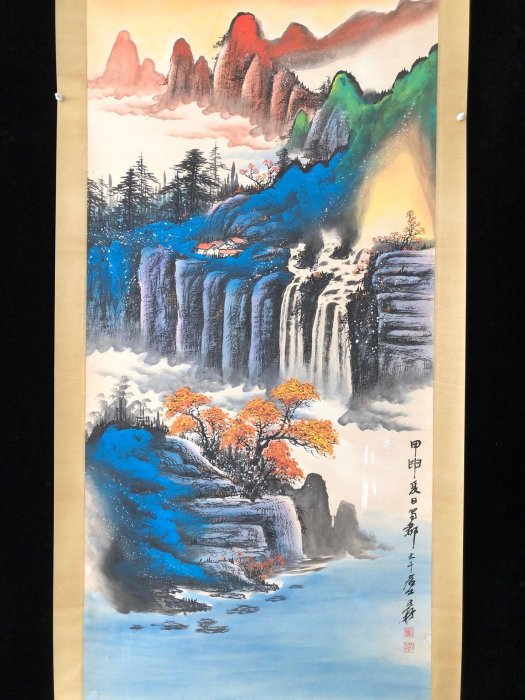 PA85【張大千】山水，四尺扇面精裱純手繪中堂畫，裝裱尺寸232*89cm左右
