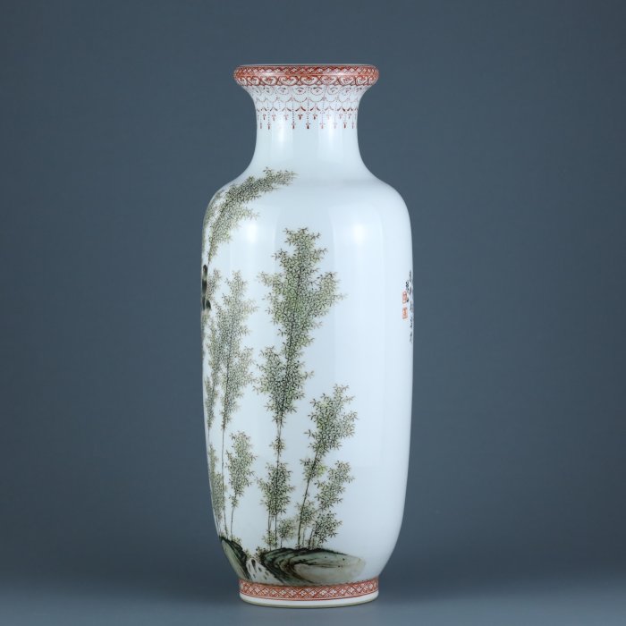 悅年堂--- 民國珠山八友徐仲南粉彩竹鳥紋捲口瓶ㄧ對| Yahoo拍賣