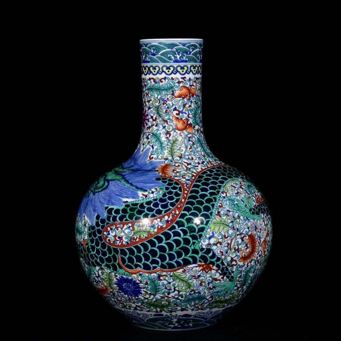 清雍正斗彩龍紋天球瓶40/29 厘米瓷器老物件藝術文玩古董古玩收藏【二手