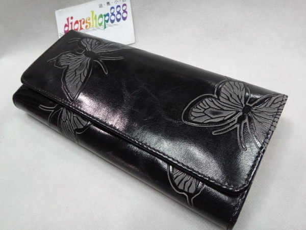 ＊迪奧小店＊BONNIE~蝶影~真皮長夾／牛皮錢包／三折式多隔層壓釦款／黑／勁爆特價