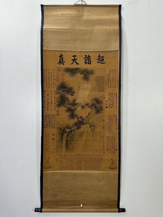 MG32【郎世寧】白鷹圖，三尺做舊紙本中堂畫，裝裱尺寸:65*170cm，畫芯