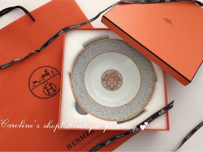 【愛馬仕 HERMES】24K鉑金 馬賽克系列 金色家徽H湯盤/盤子 一入 ☆保證真品☆ 全新~*購於愛馬仕專櫃~