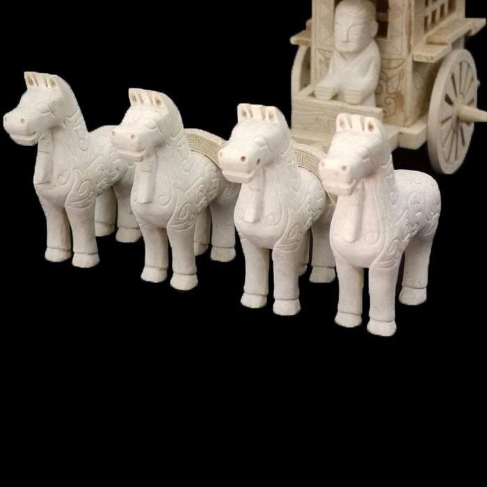 博古珍藏》早期收藏【和闐玉雞骨白】【天子巡遊四駕玉馬車組合件】8