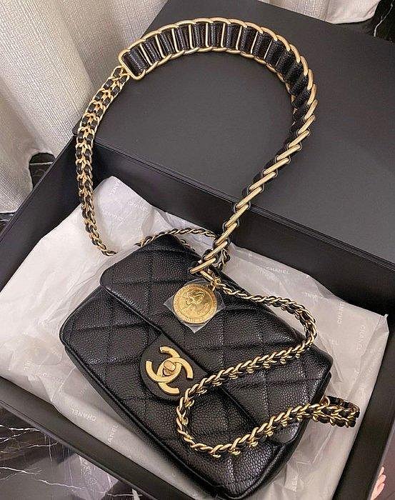 CHANEL AS2482 荔枝皮 MINI 18CM 方胖子 金幣鍊帶包 黑