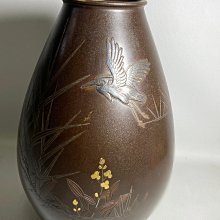 <高野紫山 作> 高岡銅器　鋳銅花瓶　花器　インテリア 古玩輕鬆拍】日本高岡銅器名金工匠高野紫山作銅製象嵌銀鶴草金花花鳥彫