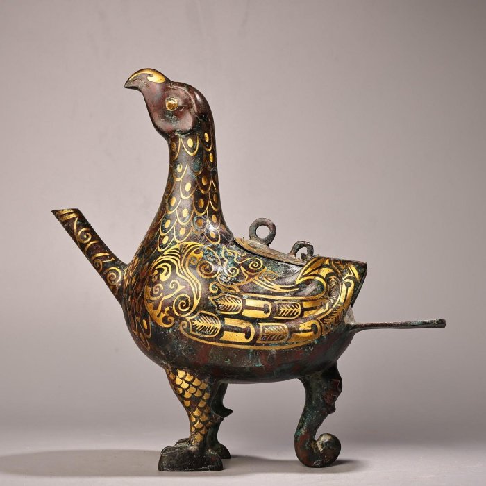 青銅器搓金帶銘文鳥酒壺工藝精湛器型款式精美重1400克高24釐米寬