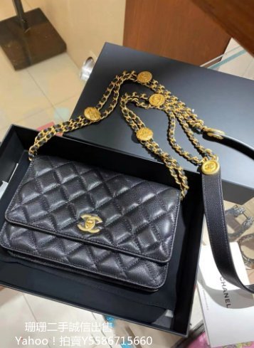 二手出售 CHANEL 香奈兒菱格紋金幣牛皮鏈條包 發財包 woc 單肩斜挎包 AP2804