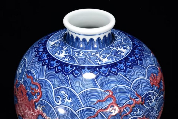 清雍正年青花釉里紅海水龍紋梅瓶41*27m 舊藏收藏古玩【舊藏館】-1833