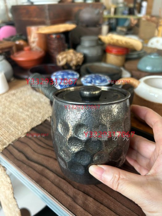 日本+老熏銀銅壺+側把急需壺（蓋款武久）湯沸茶器+茶道具+鎚目手造壺+