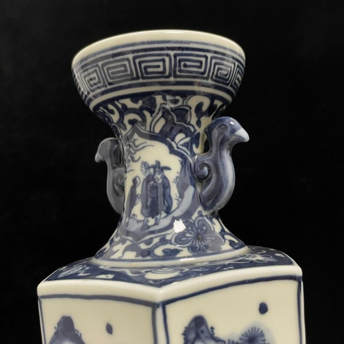 明治時期九谷燒青花六方鳳耳花瓶】嚴選日本回流藝術珍品，典雅黑花設計