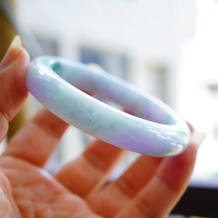 【東品舘】天然緬甸玉A貨『冰芙蓉水頭好粉嫩紫羅蘭翠飄花』 泥鰍背特大手圍翡翠玉鐲 #19.4(59.7mm) @71301  一元起標