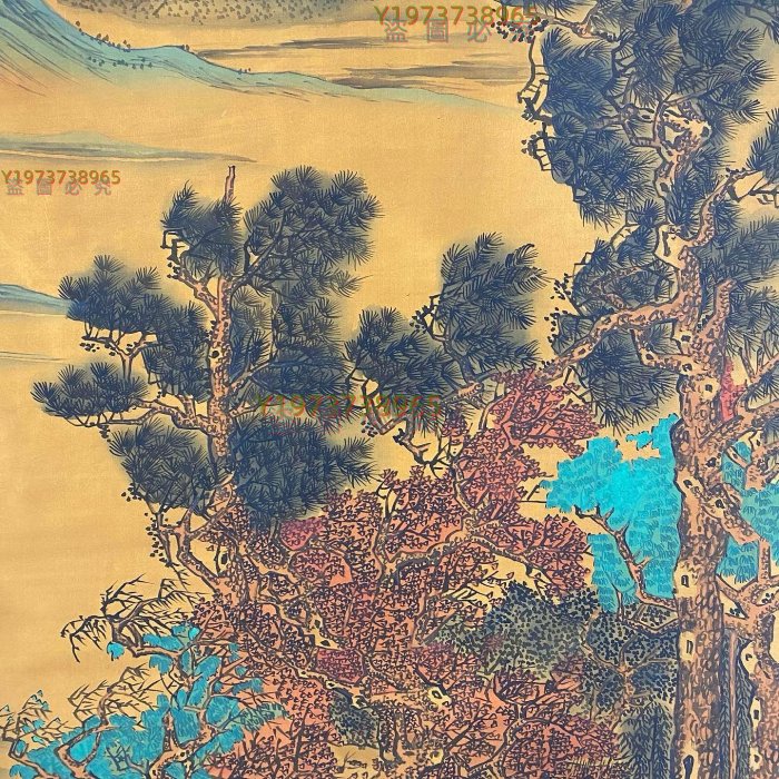 LCH-15【唐寅】青綠山水，一物一圖，純手繪絹本六尺中堂立軸作品【古董