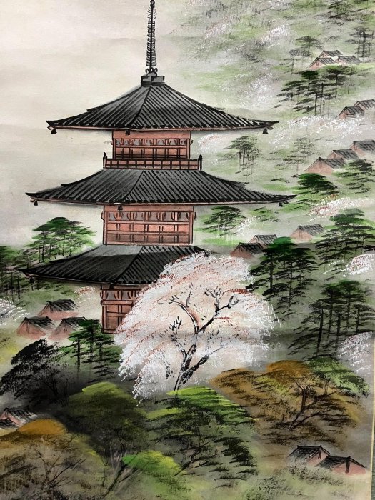 嚴選華峰創作設色山水茶掛《櫻山樓閣圖》，精工細作國畫藝術品，適合