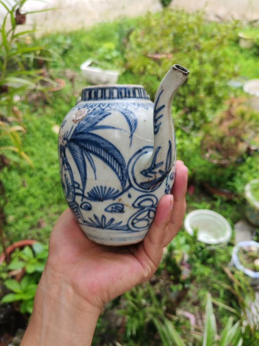 明代萬歷鐵線描青花執壺包真保假一罰萬青花發色純正畫工精美地產一線貨