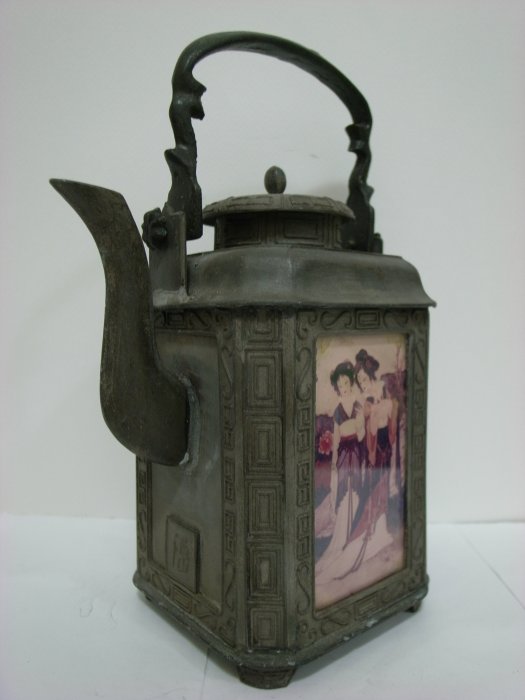 朔古玩賞＝《精緻茶具》民初潮暘顏永利真料點銅四方錫製茶壺中國古典