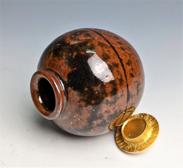 日本古美術/古瀨戶燒加藤藤山文琳茶入，共箱共布套/茶罐/茶道具