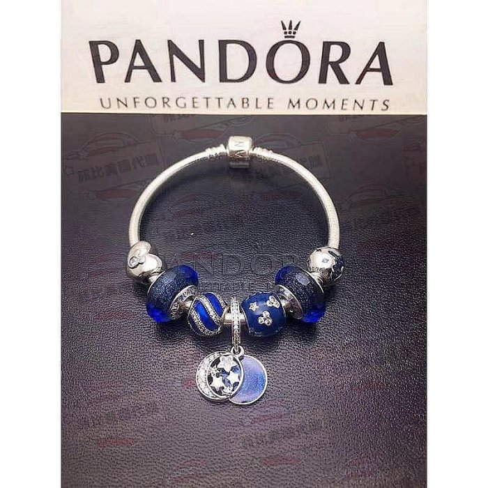 精選二手PANDORA 潘朵拉 925純銀 手鍊+7顆珠 藍色星空 米奇愛心頭 成品鍊