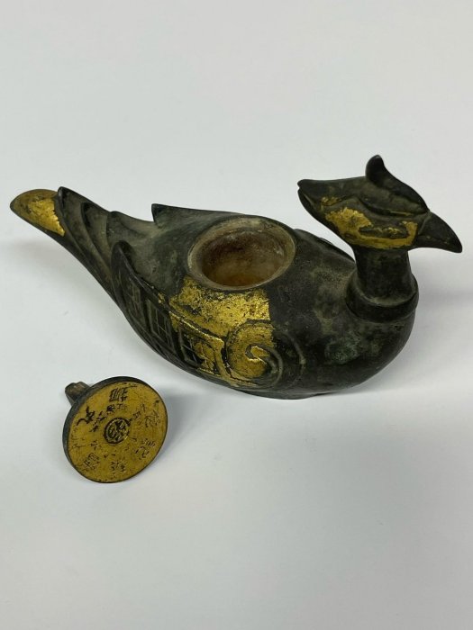 日本三世秦藏六（1882-1944）銅鎏金鳳凰形香爐熏香爐床置擺件置物尺寸