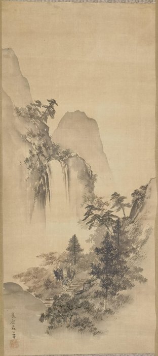 嚴選森寬齋創作的山水立軸字畫小本子，絹本紗緞裝裱，大漆軸頭