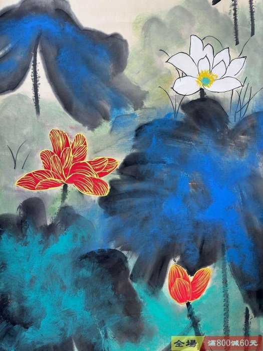 BB192【張大千】荷花，四尺中堂畫帶雜志純手繪作品，裝裱尺寸:213*74cm