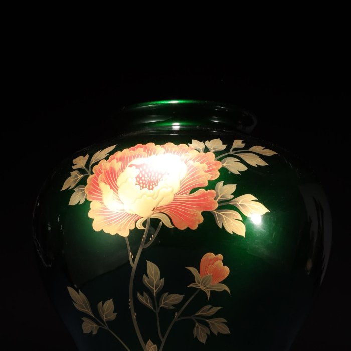 1/26結標日本七寶燒綠釉牡丹花瓶金彩琺瑯茶道花道擺飾CEA0590 -花道侘